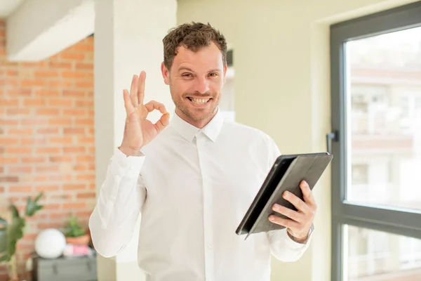 Feeling Happy Showing Approval Okay Gesture Touch Screen Concept — Stock Photo, Image