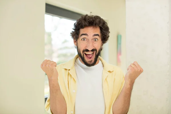 Young Crazy Bearded Man Feeling Shocked Excited Happy Laughing Celebrating — Stock Photo, Image