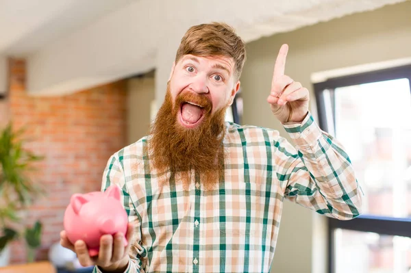 Red Hair Man Feeling Happy Excited Genius Realizing Idea Piggy — Stock Photo, Image