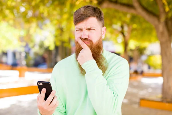 Young Adult Bearded Man Mouth Eyes Wide Open Hand Chin — Stock Photo, Image