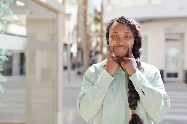 Afro Pretty Black Woman Smiling Confidently Pointing Own Fake Smile — Stock Photo, Image