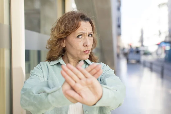 Middle Age Woman Covering Face Hand Putting Other Hand Front — Stock Photo, Image