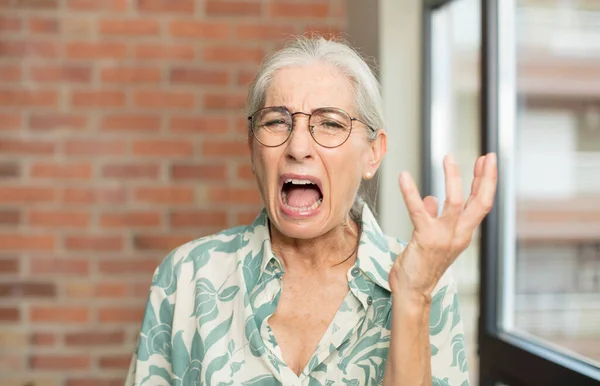 Старшая Симпатичная Женщина Выглядящая Сердитой Раздраженной Расстроенной Кричащая Wtf Whats — стоковое фото