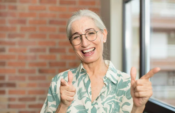 Senior Pretty Woman Feeling Happy Cool Satisfied Relaxed Successful Pointing — Stock Photo, Image