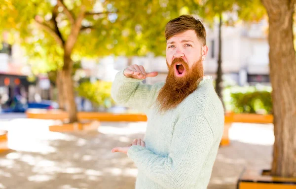 Рыжий Бородатый Мужчина Чувствует Себя Радостным Удивленным Улыбаясь Шокированным Выражением — стоковое фото