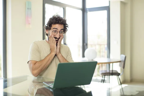 Young Adult Bearded Man Laptop Feeling Happy Excited Surprised Looking — Stock Photo, Image