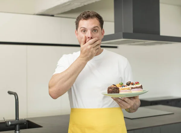 Covering Mouth Hand Shocked Surprised Expression Home Made Cakes Concept — Stock Photo, Image
