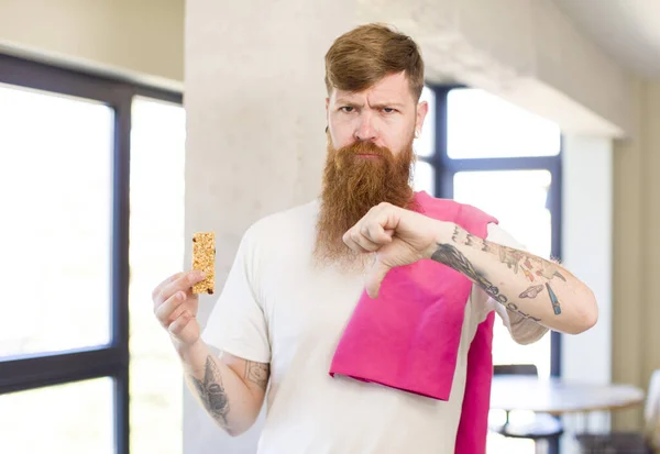 Red Hair Man Feeling Cross Showing Thumbs Cereal Bar Fitness — Stock Photo, Image