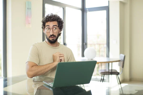 Young Adult Bearded Man Laptop Looking Worried Stressed Anxious Scared — Stock Photo, Image