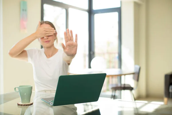 Caucasian Pretty Woman Laptop Covering Face Hand Putting Other Hand — Stock Photo, Image
