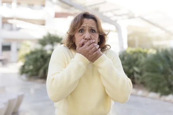 Middle Age Woman Covering Mouth Hands Shocked Surprised Expression Keeping — Stock Photo, Image