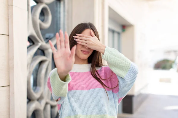 Young Pretty Woman Covering Face Hand Putting Other Hand Front — Stock Photo, Image