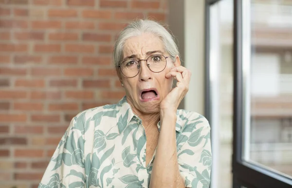 Senior Pretty Woman Open Mouthed Shock Disbelief Hand Cheek Arm — Stock Photo, Image