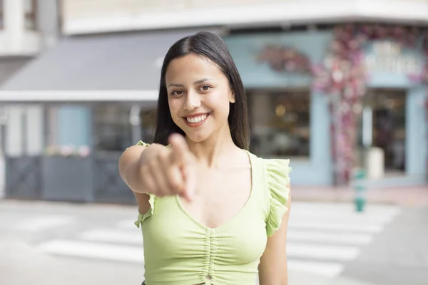 Pretty Hispanic Woman Pointing Camera Satisfied Confident Friendly Smile Choosing — Stock Photo, Image