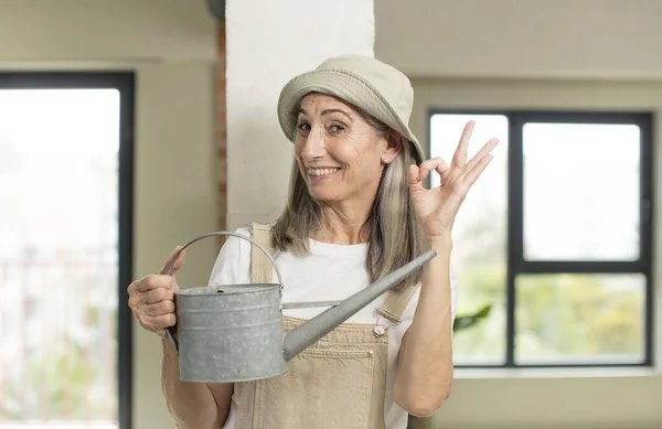 Pretty Senior Woman Feeling Happy Showing Approval Okay Gesture Gardener — Stock Photo, Image