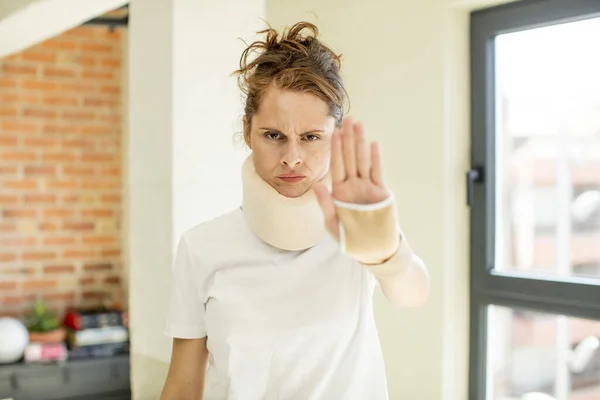 Young Pretty Woman Looking Serious Showing Open Palm Making Stop — Stock Photo, Image