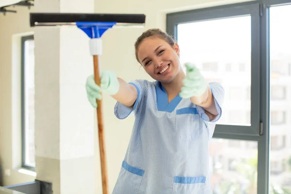 Pretty Woman Smiling Happily Offering Showing Concept Housekeeper Concept — Stock Photo, Image