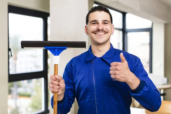 Young Handsome Man Windows Washer Concept Home Interior — Stock Photo, Image