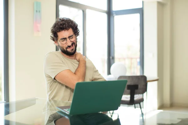 Young Adult Bearded Man Laptop Feeling Tired Stressed Anxious Frustrated — Stock Photo, Image