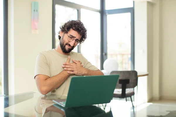 Young Adult Bearded Man Laptop Looking Sad Hurt Heartbroken Holding — Stock Photo, Image