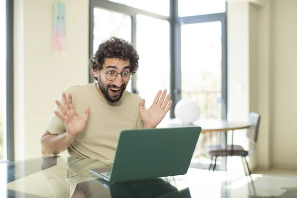 Young Adult Bearded Man Laptop Looking Happy Excited Shocked Unexpected — Stock Photo, Image