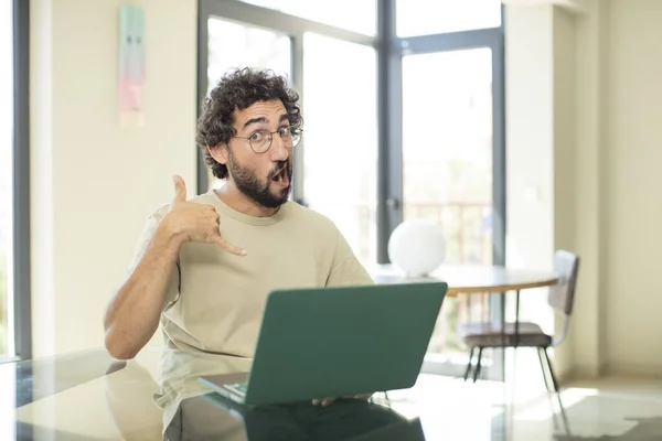 Young Adult Bearded Man Laptop Crazy Happily Cheerfully Waving Hand — Stock Photo, Image