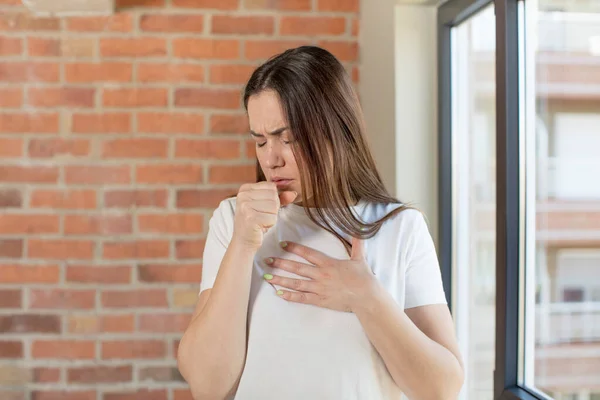 Young Adult Pretty Woman Feeling Ill Sore Throat Flu Symptoms — Fotografia de Stock