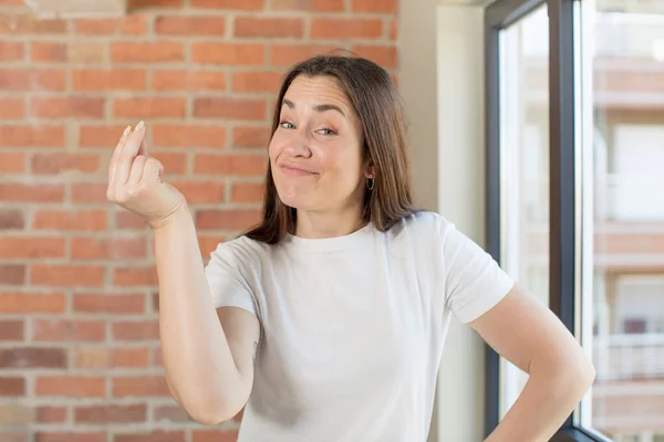 Young Adult Pretty Woman Making Capice Money Gesture Telling You — Fotografia de Stock