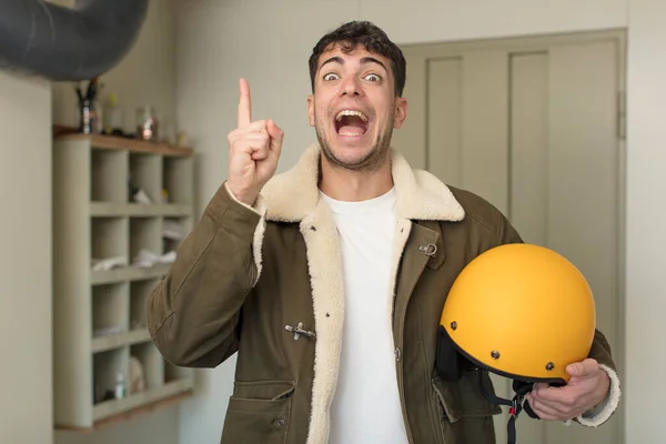 Young Handsome Man Feeling Happy Excited Genius Realizing Idea Motorbike — Stock Photo, Image