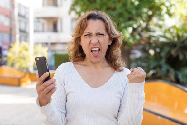 Middle Age Pretty Woman Looking Angry Annoyed Frustrated Using Her — Stock Photo, Image