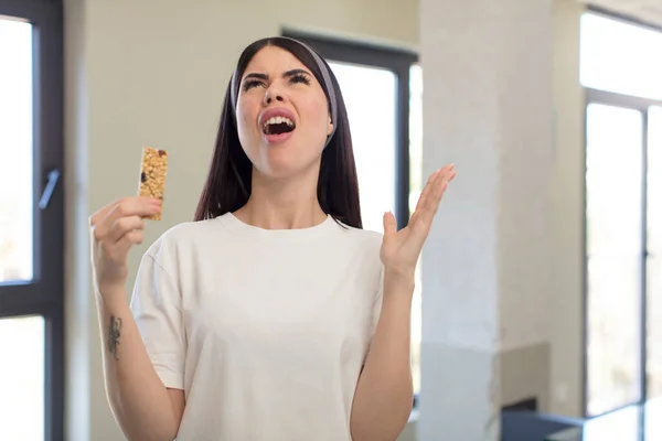 Pretty Young Woman Screaming Hands Air Fitness Cereal Bar Concept — Stock Photo, Image