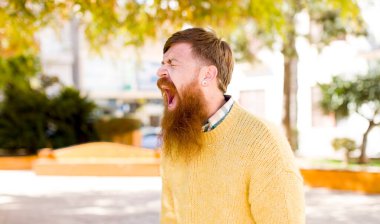 Kızıl sakallı adam agresif bir şekilde bağırıyor. Kızgın, sinirli ya da sinirli görünüyor. Bağırmıyor.