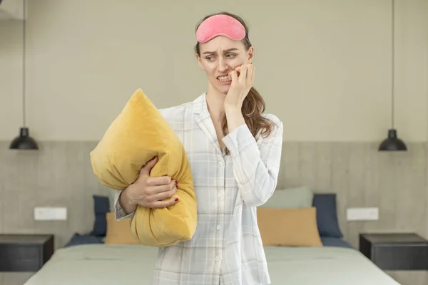 Feeling Scared Worried Angry Looking Side Pajamas Night Wear Concept — Stock Photo, Image