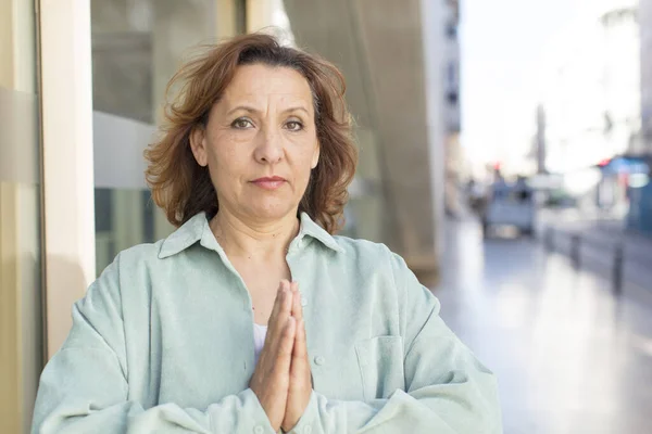 Middle Age Woman Feeling Worried Hopeful Religious Praying Faithfully Palms — Stock Photo, Image