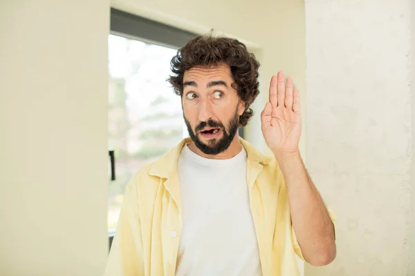 Young Crazy Bearded Man Looking Serious Curious Listening Trying Hear — Stock Photo, Image