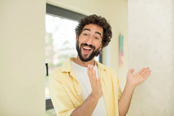 Young Crazy Bearded Man Feeling Happy Successful Smiling Clapping Hands — Stock Photo, Image