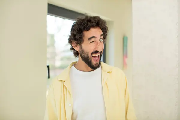 Young Crazy Bearded Man Looking Happy Friendly Smiling Winking Eye — Stock Photo, Image