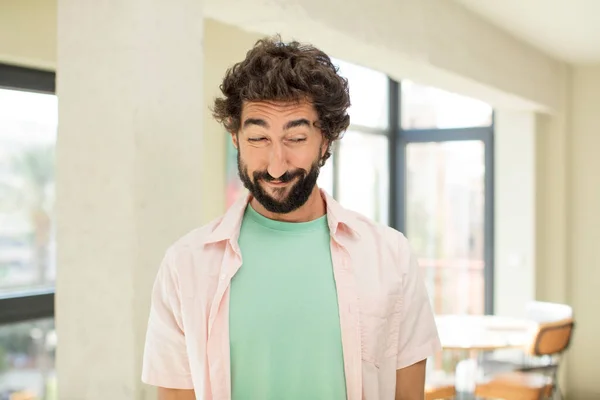Young Crazy Bearded Man Wondering Thinking Happy Thoughts Ideas Daydreaming — Stock Photo, Image