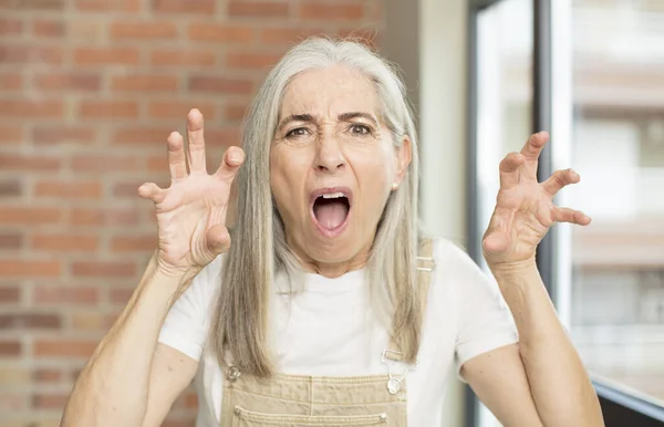 パニックや怒りの声を上げる年配の女性はショックを受け恐怖や怒りを感じ頭の横に手を置き — ストック写真
