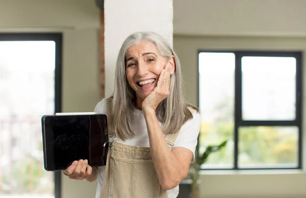 Pretty Senior Woman Feeling Happy Astonished Something Unbelievable Touch Screen — Stock Photo, Image