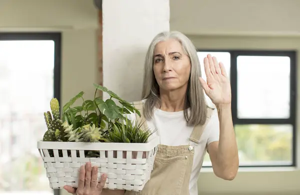Pretty Senior Woman Looking Serious Showing Open Palm Making Stop — Stock Photo, Image