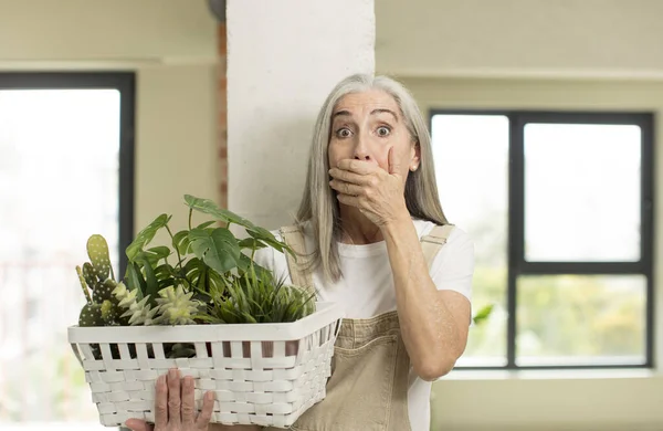 Pretty Senior Woman Covering Mouth Hand Shocked Surprised Expression Gardener — Stock Photo, Image