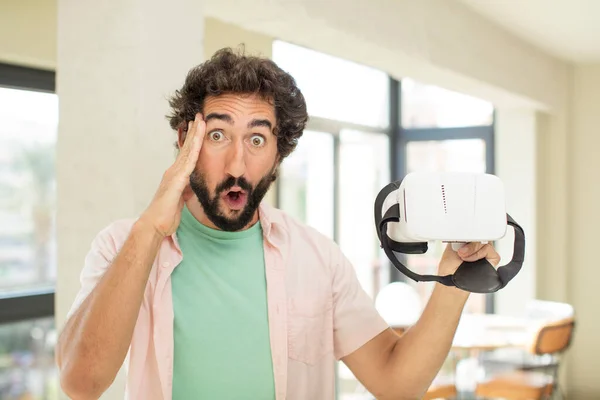 Crazy Bearded Man Looking Happy Astonished Surprised Goggles Concept — Stock Photo, Image