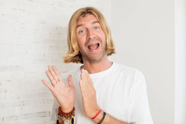 Young Blond Adult Man Feeling Happy Successful Smiling Clapping Hands — Stock Photo, Image