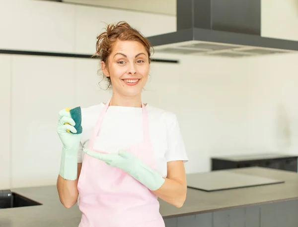 Young Pretty Woman Smiling Cheerfully Feeling Happy Showing Concept Housekeeper — Stock Photo, Image