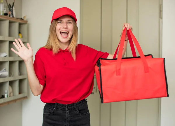 Young Pretty Woman Feeling Happy Astonished Something Unbelievable Pizza Delivery — Stock Photo, Image