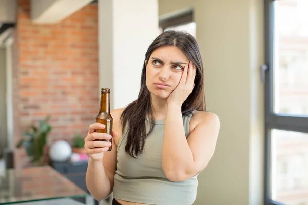 Young Woman Feeling Bored Frustrated Sleepy Tiresome Beer Bottle — Stock Photo, Image
