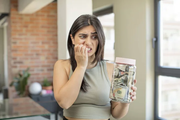 Young Woman Feeling Scared Worried Angry Looking Side Dollar Banknotes — Stock Photo, Image