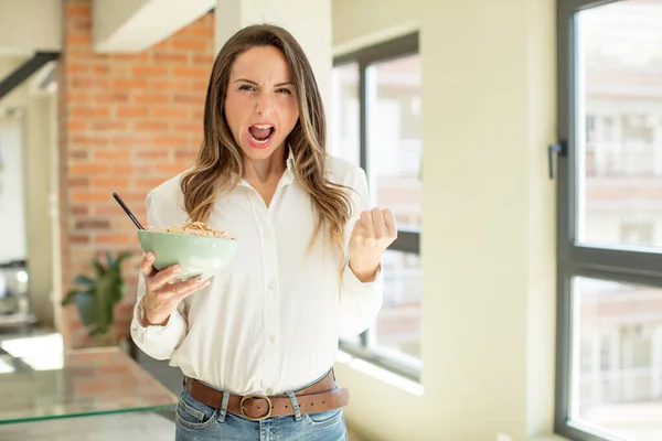 Pretty Woman Looking Angry Annoyed Frustrated Breakfast Bowl Concept — Stock Photo, Image