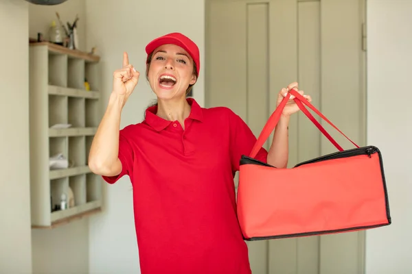 Pretty Woman Feeling Happy Excited Genius Realizing Idea Pizza Delivery — Stock Photo, Image